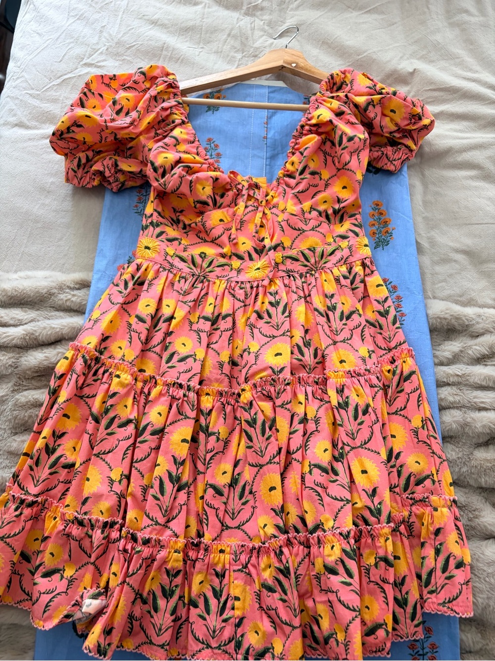 Agua by Agua Bendita Pink Floral Tiered Puff-Sleeve Dress with Yellow Motif
